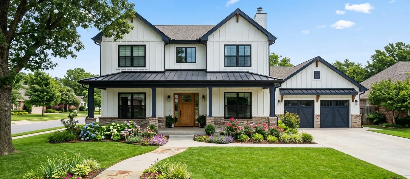 A white two-story farmhouse-style home with a covered porch, a wood front door and flower beds, on a sunny day